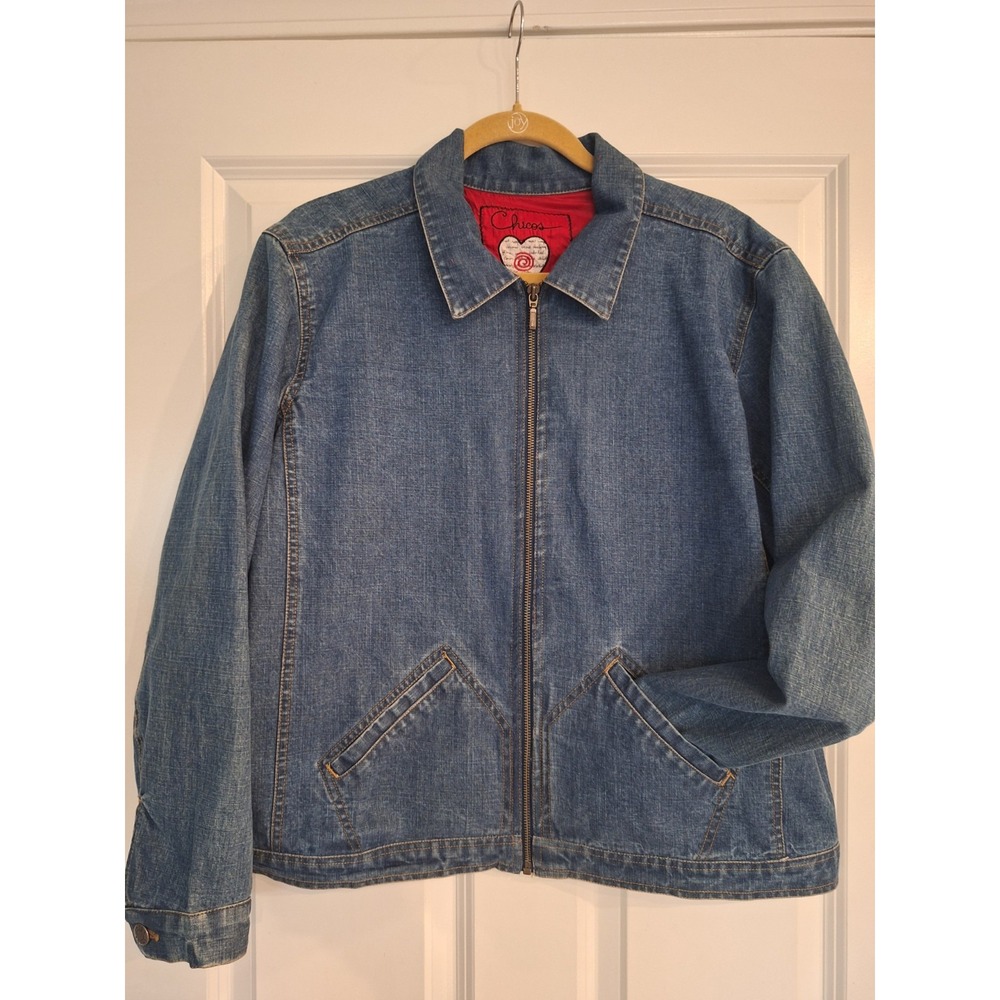 Size 3 Chico's Women's Jacket 100% Cotton Navy‎ Blue Denim Embroidered L